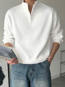 DAZY Men's Solid Zip-Up Half Placket Long Sleeve Loose Casual Sweatshirt Fall,Winter Quarter Zip Men - White - View 4