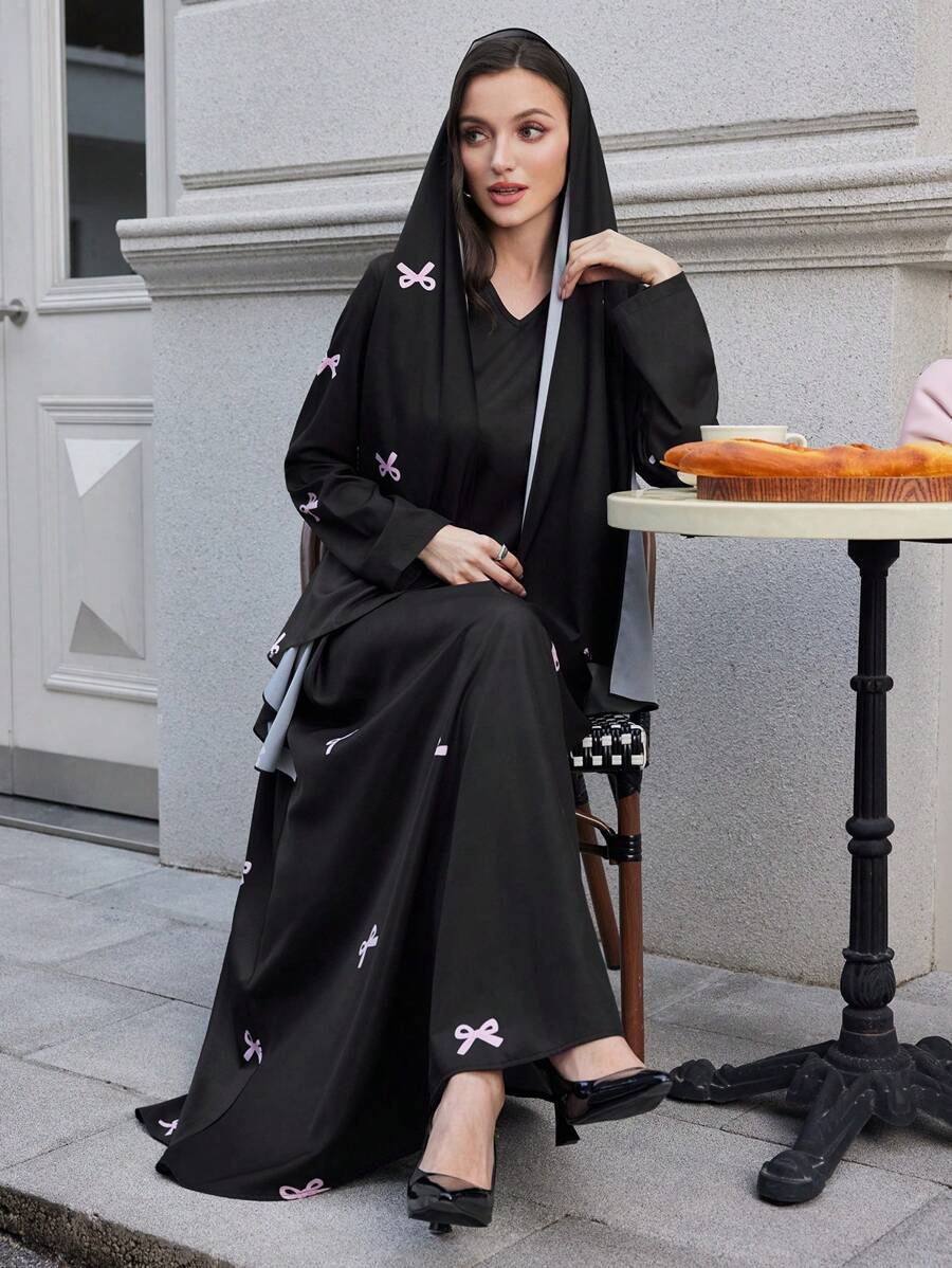 Al Najma Women's Elegant Bow Pattern Headdress Fashionable Vacation Conservative & Graceful Arabian Dress, Spring & Autumn, Muslim Fashion Maxi Dresses - Black - View 1