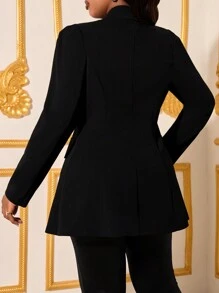SHEIN Lady 大码秋冬优雅工作办公室黑色尖头翻领羊腿袖金色纽扣长袖西装外套 - 黑色 - 查看 2