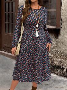 EMERY ROSE Vestido informal de talla grande para mujer con cintura ceñida y estampado floral ditsy para invierno