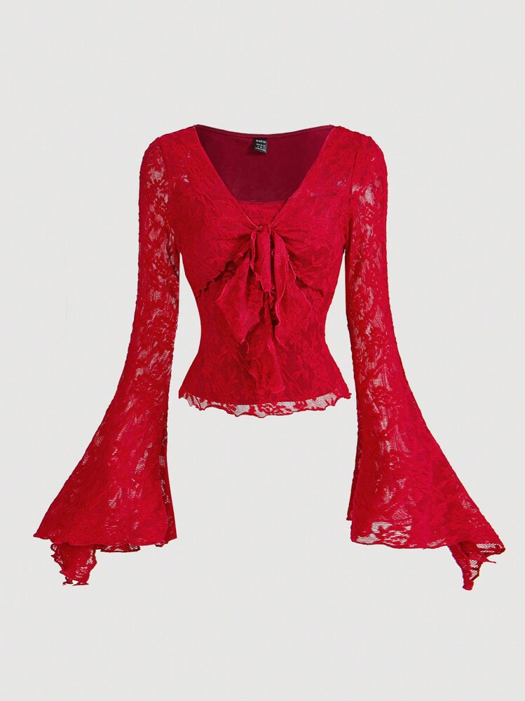 SHEIN MOD Blusa romántica y elegante de color albaricoque con lazo delantero, camiseta linda para mujeres, otoño/invierno