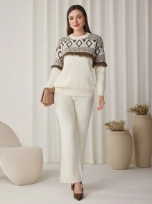 Mulvari 2pcs/Set Women Geometric Print Tassel Decor Crew Neck Long Sleeve Sweater Top And Solid Color Pants - Apricot - View 1