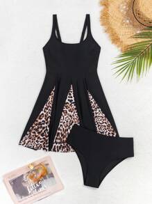 Swim Lushoire 2pcs/Set Women Crew Neck Printed Patchwork Tankini Top And Solid High Waist Swim Bottoms Bikini Tankini Summer - Multicolor - View 8