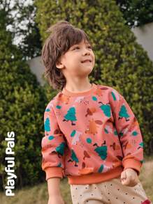 SHEIN 2 件套年轻男孩图案印花圆领长袖上衣和休闲裤套装，适合圣诞节 - 彩色 - 查看 6