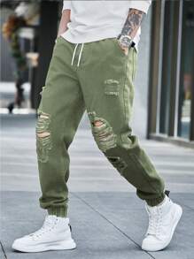 Manfinity LEGND Men's Front Lace-Up Pocket Distressed Simple Casual Jeans - Army Green - View 4