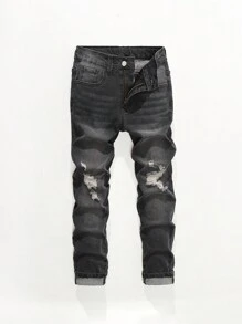 SHEIN Explorewe TWEEN BOY All-Match Casual Modern Streetwear Ripped Distressed Cat Whisker Elastic Waist Five Pocket Skinny Jeans, Versatile Denim Item Essential All Year Round - Black - View 1