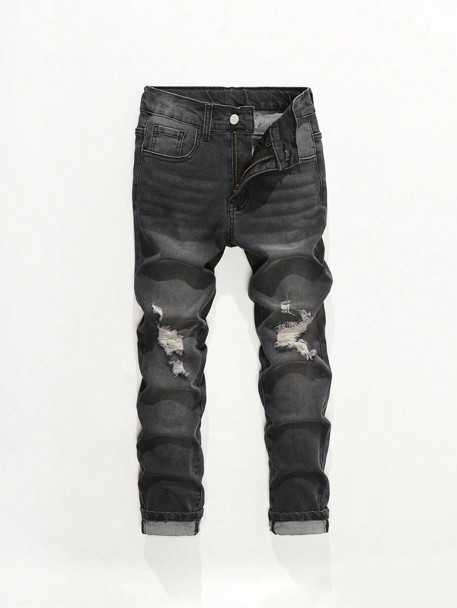 SHEIN Explorewe TWEEN BOY All-Match Casual Modern Streetwear Ripped Distressed Cat Whisker Elastic Waist Five Pocket Skinny Jeans, Versatile Denim Item Essential All Year Round - Black - View 1