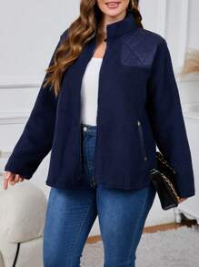 SHEIN LUNE Plus Size Casual Solid Color Stand Collar Jacket, Autumn/Winter - Navy Blue - View 5