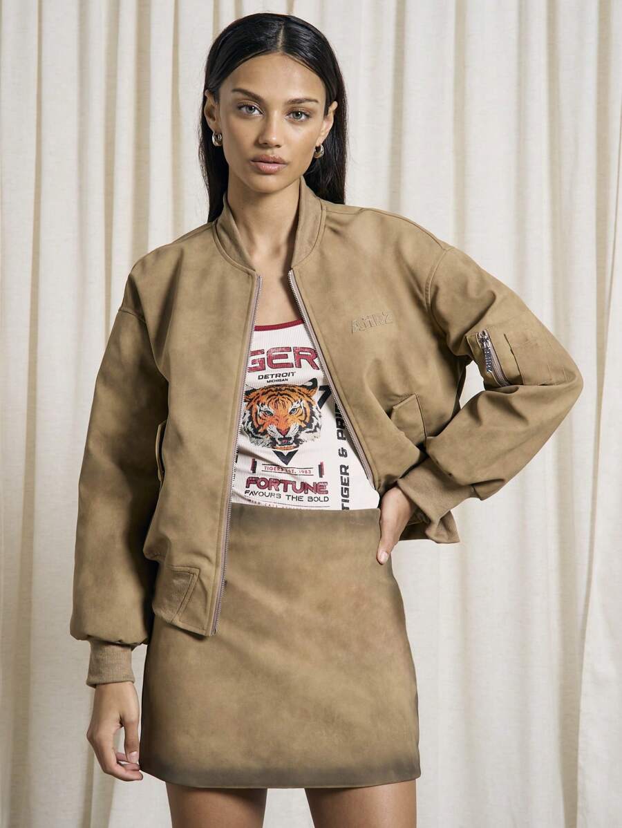 AiiRZ 时尚前卫飞行员夹克 秋冬街头风 优质绒面革鞋面 军装风格 立领 拉链前袋 罗纹细节 外套系列 - 卡其色 - 查看 1