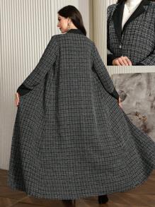 Al Najma Women's Plaid Lapel Collar Single Breasted Casual Arabian Abaya, Modest Robe - Black - View 1