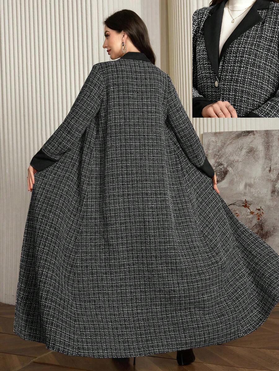 Al Najma Women's Plaid Lapel Collar Single Breasted Casual Arabian Abaya, Modest Robe - Black - View 1