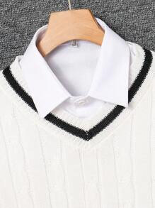 SHEIN Leap Crew Tween Boy V-Neck Casual Sweater, Suitable For Commuting, School, Daily Casual, Travel, Sports, Spring/Summer/Autumn/Winter - White - View 5