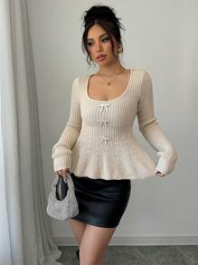 Chiquease 2024 Autumn/Winter Fashion Scoop Neck Ruffle Hem Fitted Knit Sweater Knit Pullover Fall - Apricot - View 4