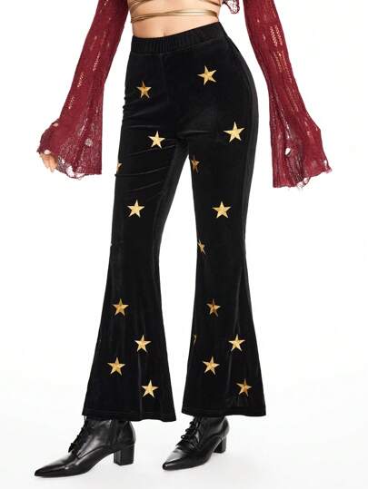 Hippie Pantalon évasé en velours pour femmes élégantes avec broderie de pentagramme