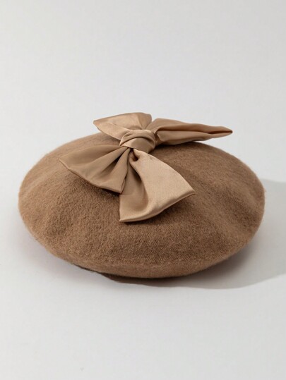 Kawaii 1 Stück Damen Baskenmütze mit Schleife, einfarbig, modisch für Herbst/Winter, Valentinstag