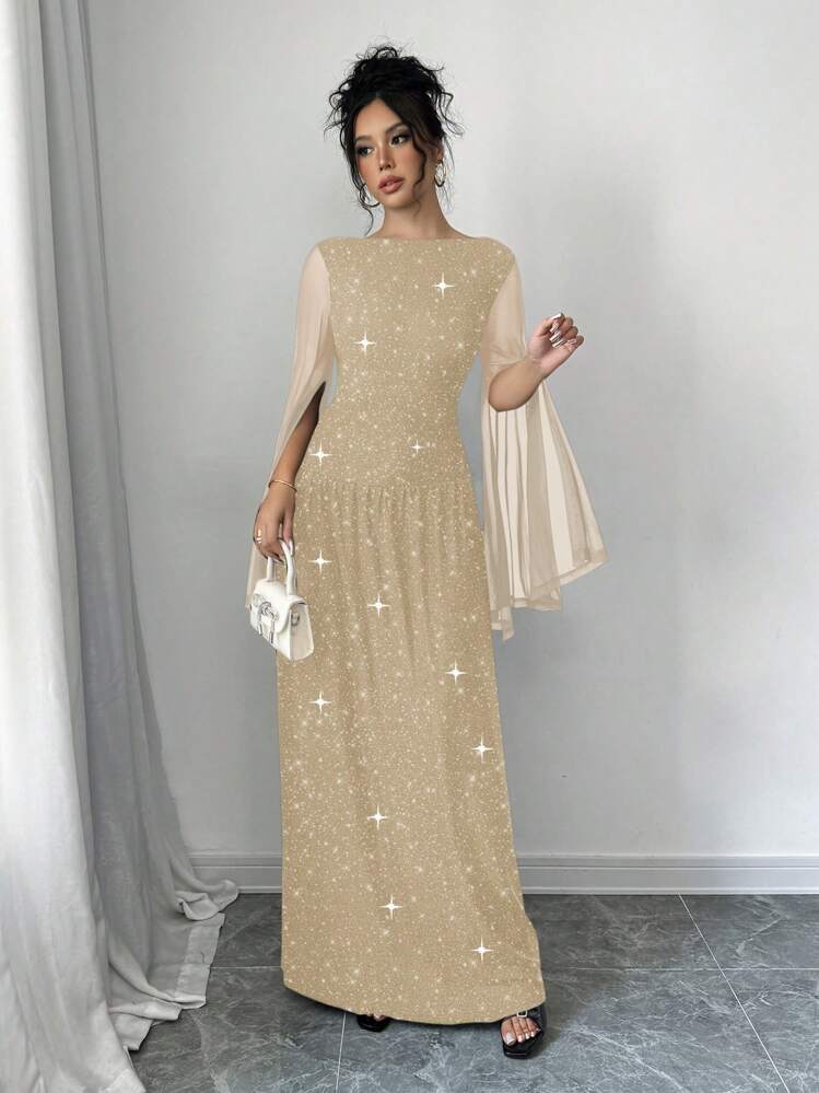 Elenzga 25+ Pcs Casual Elegant Party Style Sequin Dress Maxi Women Outfit Fall Cloth For Women - Apricot - View 3
