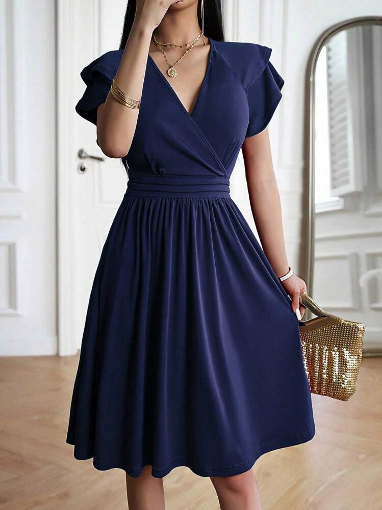 EMERY ROSE Vestido elegante de unicolor con cuello cruzado en V, mangas raglán y cintura para mujer de longitud media - Azul Marino - Añade 1