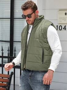 Manfinity Homme Plus Size Men's Solid Color Zip Pockets Sleeveless Padded Padded Coat, Autumn/Winter