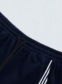 Manfinity Campus Court Men Casual Striped Patchwork Front Lace-Up Letter Print Minimalist Pants, For Daily Wear - Navy Blue - View 3