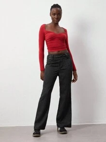 Lunelith SHEIN Lunessa 1pc Office Lady Black Striped High Waist Straight Leg Trouser, Fashion Formal Workwear, Autumn/Winter