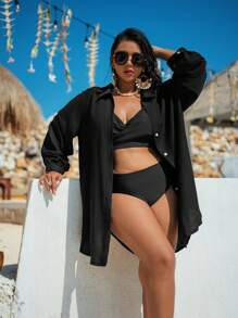SHEIN X Sofía Suescun Swim Vcay Cardigan lungo con maniche lunghe e bottoni con riga singola, per taglie comode, adatto per vacanza e spiaggia estiva
