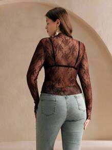 Anewsta Plus Size Sexy Sheer Lace Long Sleeve Blouse, Elegant - Coffee Brown - View 3