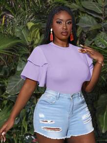 Slaydiva Plus Size Multi-Layered Ruffle Sleeve Bodysuit - Mauve Purple - View 4