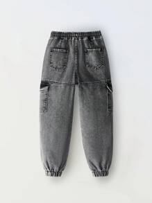 Big Boy Streetwear Distressed Elastic Waistband Decorated Cargo Pants With Large Pockets And Tapered Leg, Casual Outdoor Denim Jeans - Grey - View 3
