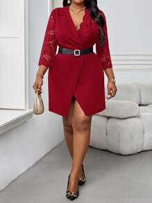 SHEIN Lady Autumn And Winter Elegant Sexy Work Party Cocktail Party Office Concert/Music Festival Black Knitted Asymmetrical Neck Slit Contrast Lace Short Three Quarter Length Sleeve Plus Size Dresses