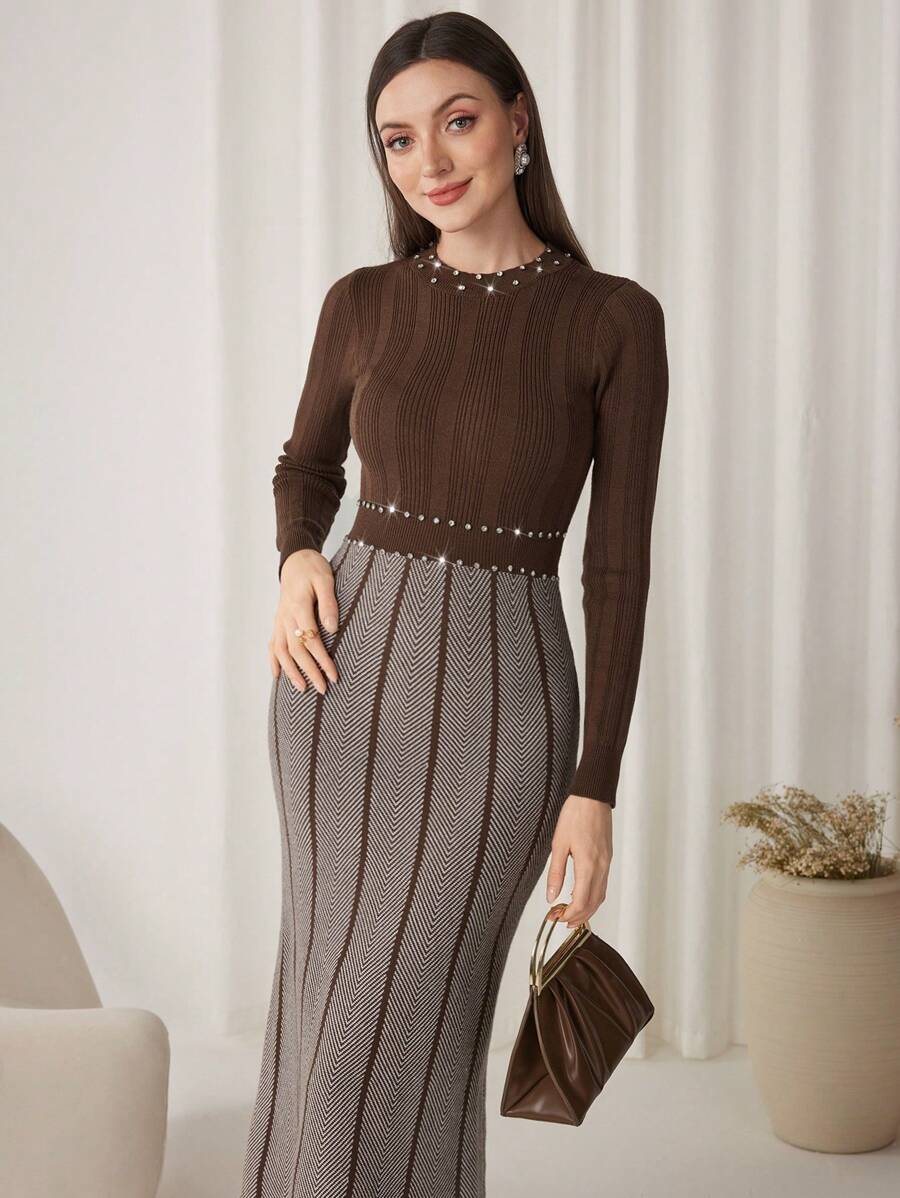 Modelyn Váy len dài tay đính đá lấp lánh cho nữ, thời trang thu đông - Cà phê nâu - Xem 1