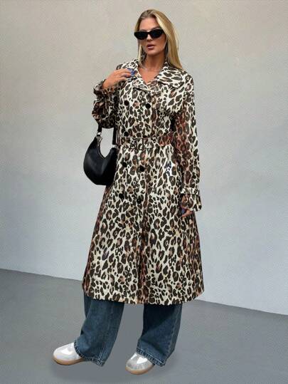 Forever 21 Fall&Winter Women Leopard Print Winter Women Coat/Winter Women Clothes/Thanksgiving Women Coat/Winter Clothes/Christmas Women Clothes/Thanksgiving New Year Eve Coat/Holiday Coat/Essentials/Collared/ Long Sleeve/Elegant Women/Women Clothing/Long Length/Winter Women Outfits/Basic/Comfortable/Tall /Women Trench Coat