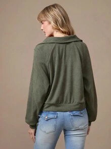 WESTFADE Spring Brushed Rib Knit Long Raglan Sleeve Polo Neck Top - Olive Green - View 7