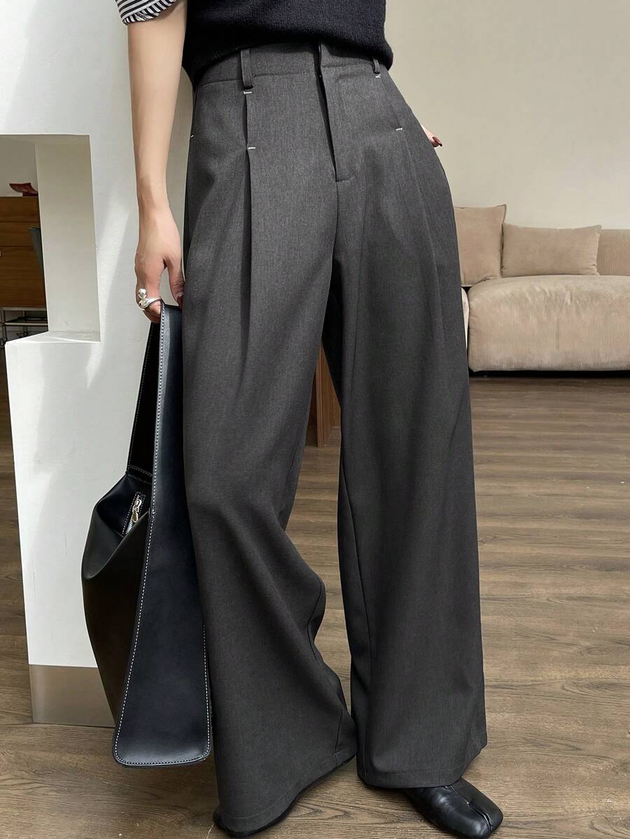 DAZY 纯色宽松阔腿裤带口袋，休闲商务女士西装裤，女士正装裤 - 灰色 - 查看 1