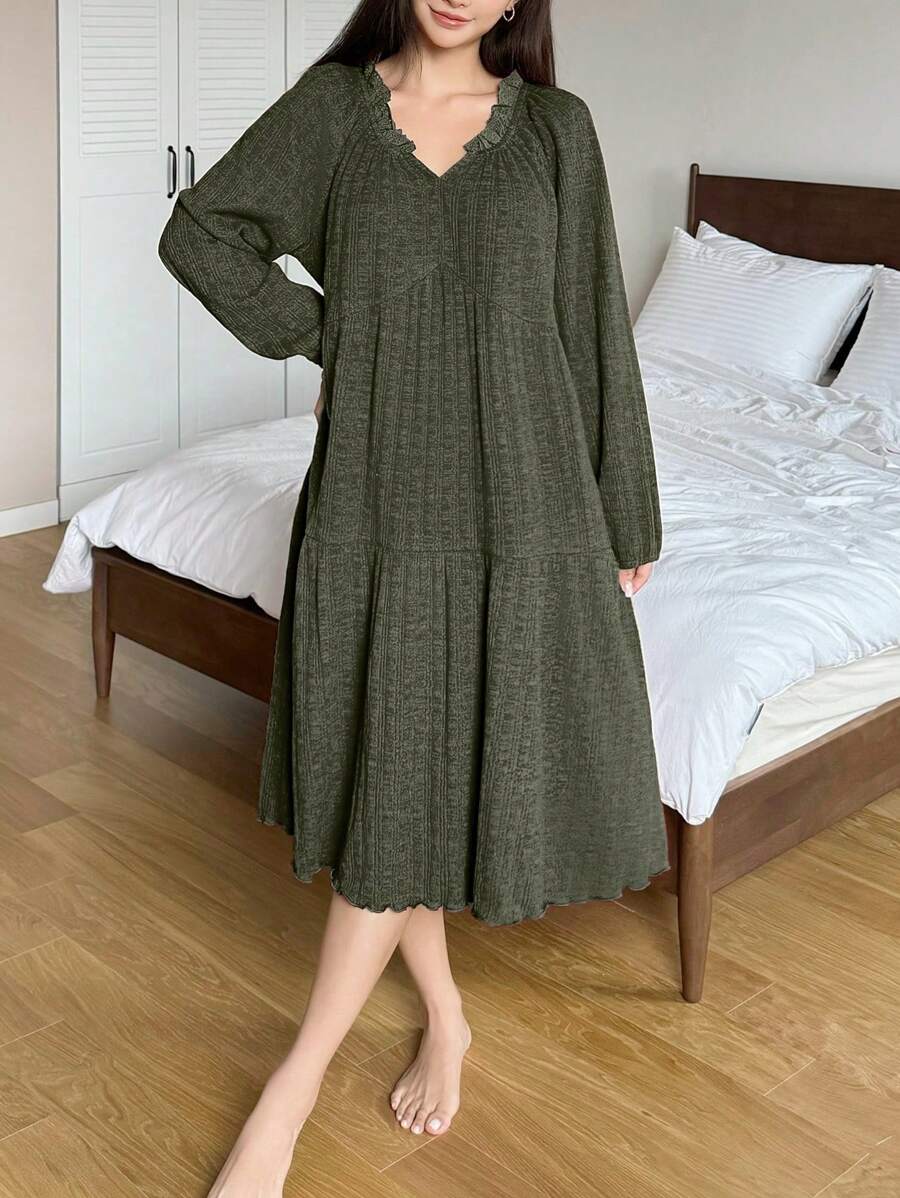 DAZY 条纹纹理羊毛宽松家居服连衣裙,带荷叶边下摆,秋冬睡衣 - 軍綠色 - 查看 1