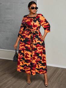 Maweii Plus Size Women Camouflage Lacing Waist Pocket 3/4 Sleeve Midi Dress Maxi Women Outfit