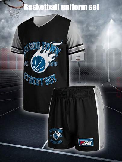 Football Boyfriend Style Men Plain Splicing Short Sleeve Letter Print Casual Sports Suit T-Shirt And Shorts Set Gym Set Workout Set