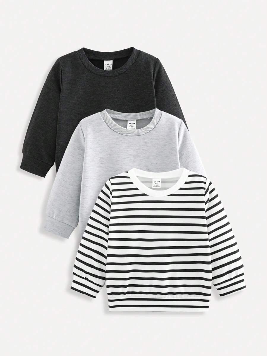 SHEIN Bộ 3 áo nỉ cổ tròn tay dài màu trơn phù hợp cho trẻ sơ sinh/trẻ mới biết đi, thích hợp cho hoạt động ngoài trời, nhà trẻ, thể thao, phù hợp cho mùa thu/đông - Nhiều màu - Xem 1