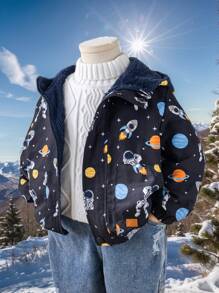 1 pieza Chaqueta con capucha acolchada, cálida y gruesa con forro de felpa, de estilo colegial cómodo y de moda simple y práctica, con estampado completo, para niños pequeños, adecuada para el uso diario, la escuela, los viajes, los deportes en otoño e invierno
