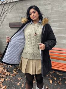 SHEIN EZwear 大码女式黑色夹棉大衣，保暖，寒冷天气，秋装，羊毛，女式冬装 - 黑色 - 查看 4