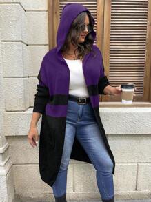 Plus Size Solid Color Patchwork Long Sleeve Cardigan, Casual Everyday Wear, For Winter - Purple - View 3