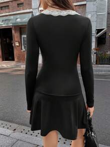 Chiquease Square Neck Lace Splice Two-Tone Bow Decor Elegant Long Sleeve Dress Fall Cloth For Women - Black - View 2