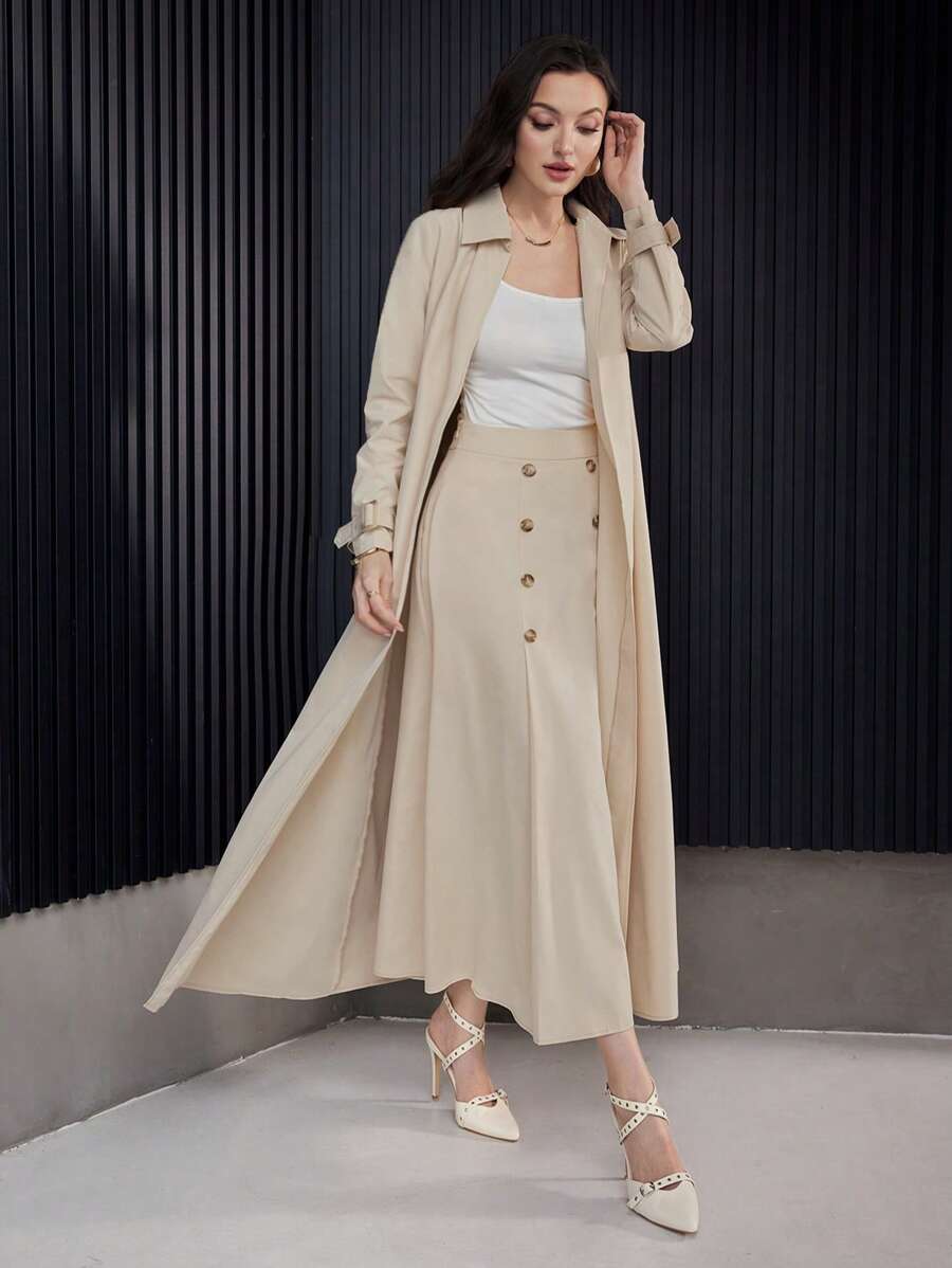 Modelyn 女士休闲纯色长袖风衣夹克和双排扣 A 字裙 2 件套,优雅 2 件套 - 卡其色 - 查看 1