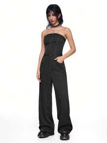 ROMWE Grunge Punk Sexy Punk Style Simple Streetwear Crop Top & Striped Contrast Color Wide Leg Jumpsuits For Women, Black/White/Gray