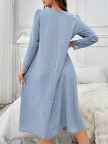Camisón holgado de mujer con cuello cuadrado de encaje jacquard y manga larga, con efecto esponjoso, ideal para las temporadas vacacionales y de vacaciones