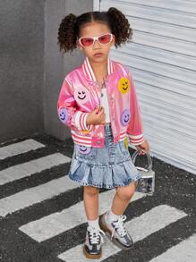 Young Girls Laser PU Jacket With Embroidered Graphic + Denim Pleated Skirt With Embroidered Graphic, Cool Matching 2-Piece Set - Pink - View 5
