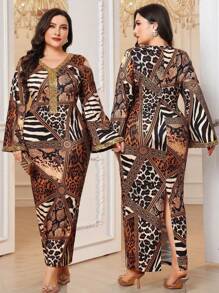 Al Najma Plus Size Women Leopard Print V-Neck Elegancka marszczona obcisła sukienka, Eleganckie dopasowane sukienki Jalabiya Maxi, Na wieczorne przyjęcie/wesele/rocznicę