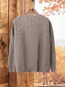 SHEIN LUNE Áo len cardigan in họa tiết cỡ lớn, giản dị và thời trang để mặc hàng ngày, cho mùa đông - Màu Khaki - Xem 2