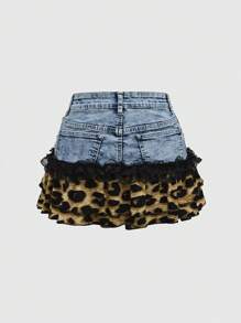 ROMWE J-Fashion Minifalda de mezclilla corta con parches, detalles de estampado de leopardo y flores en estilo Y2K
