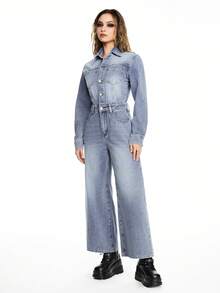 ROMWE Grunge Punk Women's Front Button Long Sleeve Pockets Casual Denim Jumpsuit - Blue - View 1