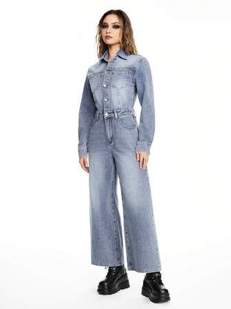 Grunge Punk Women's Front Button Long Sleeve Pockets Casual Denim Jumpsuit